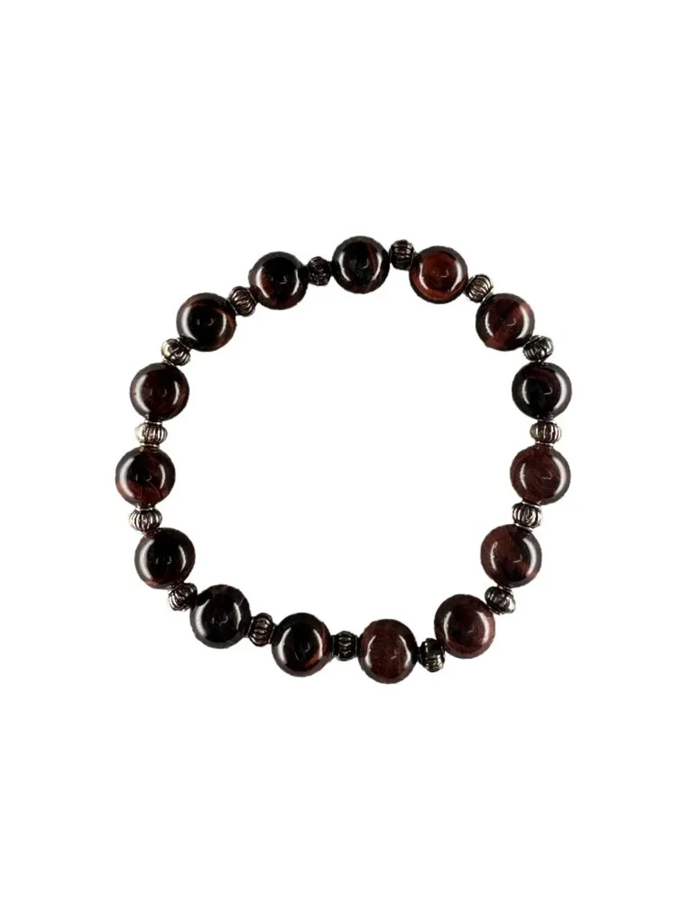 8mm Natural Red Tiger Eye Stone Stretch Beaded Bracelet Silver Alloy Charm